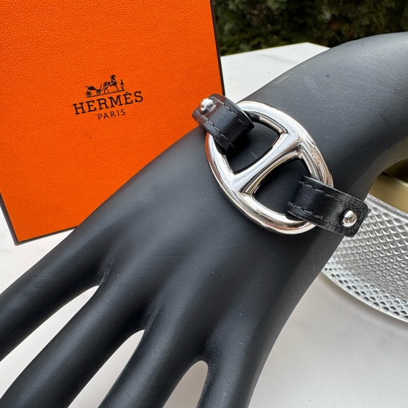 Hermes Jewelry - Hermès Granville Bracelet Silver Black Leather Bracelet Size M 7.5” Scarf Ring 2